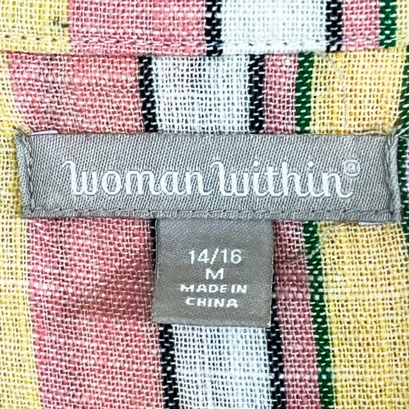 Woman Within Linen Blend Button Up Tunic Top - Pink Yellow Stripe, Size 14 / 16 - Picture 6 of 8